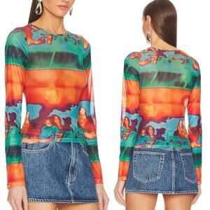 Miaou - NWT Women’s Long Sleeve Tee, Mesh Top in ‘Thermal', Blue, Orange X-Small